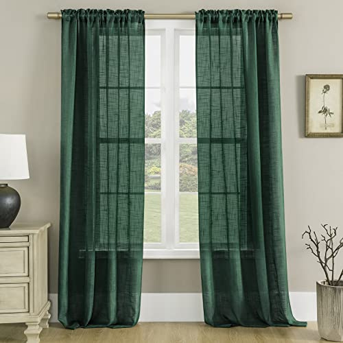 Lot de 2 panneaux de rideaux transparents vert émeraude de 213,4 cm de long pour salon, rideaux texturés en faux lin neutre et sombre avec passe-tringle, vert foncé forêt de chasseur de 213,4 cm de