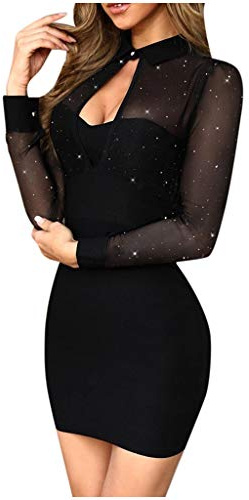 Kleid Winter Damen Tüll Patchwork Hollow Out Kleid Langarm Revers Partykleid Kurz Tunikakleid Herbst Winter Blusenkleid Elegant Minikleid Festlich Kleid Stretch Ballkleid Bodycon Etuikleid
