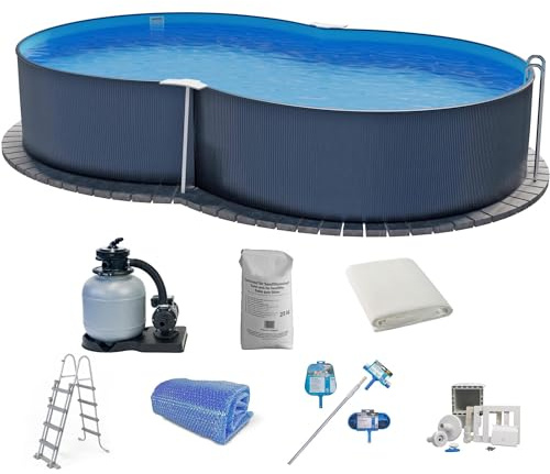 Stahlwandpool Set (8-teilig) hoch achtform 470x300x120 cm, Stahl 0,4 mm anthrazit Folie 0,4 mm blau