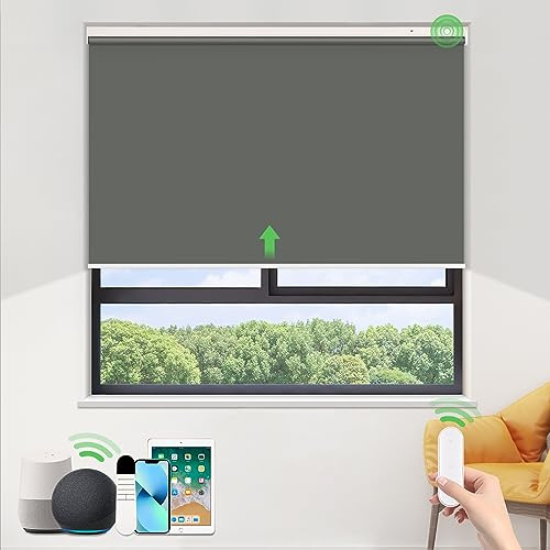 HOMEDEMO Elektrische Rollos Wiederaufladbare Verdunklungsrollo mit Motor & Fernbedienung,90x120cm(BxH) Dunkelgrau, Rollo Innen ohne Bohren klemmfix/mit Bohren, Smart Rollo mit Alexa kompatibel