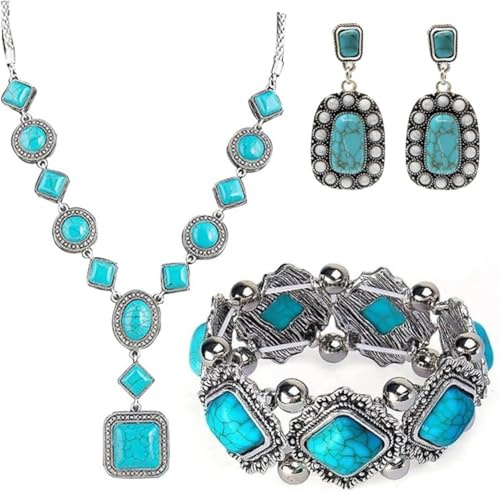 TOEECY Set Gioielli Turchese Geometrico Collana Bracciale Orecchini Combinazione Elegante Stile Vintage Argento Antico Decorazione Femminile