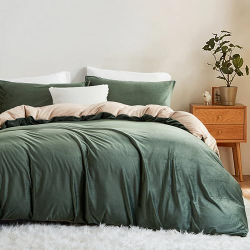 Sedefen Flanelle Housse de Couette 140x200cm + 1 Taies d'oreiller 65x65cm Vert Beige Réversible Parure de lit 1 Personnes Peluche Hiver Chaude Duveteuse Ado Linge de lit Avez Fermeture Éclair