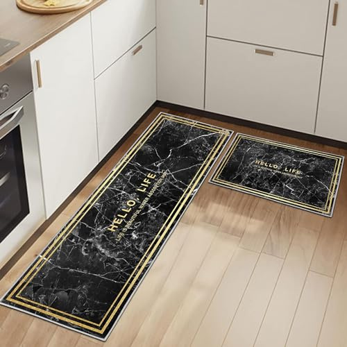Küchenteppiche Rutschfestes Küchenmatten 2 Stück, Waschbar Küche Bodenmatte Küchenmatten Set Mit Schiebeaufkleber,Komfort Pflegeleicht Für Küche Staubdicht Fußmatte (43x75+43x150cm, Schwarz Marmor)