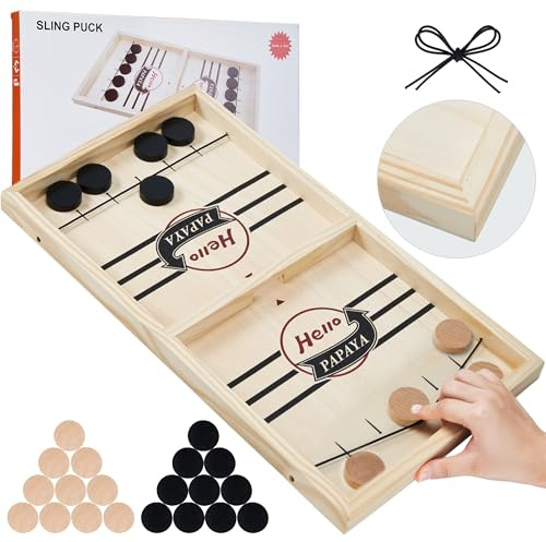HELLO PAPAYA Fast Sling Puck Game - Test Your Speed and Accuracy with This Fast-Paced Wooden Air Hockey Desktop Battle Board Game - Guaranteed Fun Gifts for Family Night or Friends Party