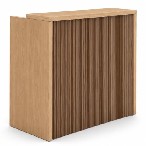 OFILIKE. Mostrador de Recepción Compact Milos. Mesa Mostrador para Oficina, Clínica, Peluquería y Tienda, Diseño Decorativo Efecto Listones, Sin Relieve (140cm Ancho, Estructura Roble)
