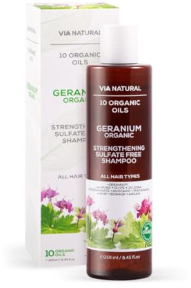 biofresh cosmetics Via Natural Géranium Shampooing avec 10 huiles biologiques pour cheveux pour homme et femme, tous types de cheveux, soin des cheveux, shampooing fortifiant, sans sulfate, végétalien