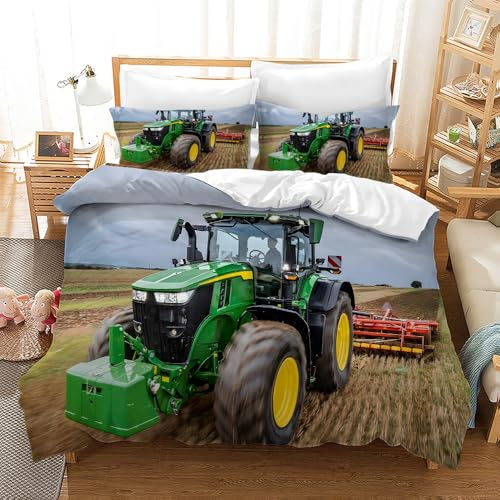 Leleyouzer 3D Traktor Bettwäsche,3-Teilig Traktor Kinder Bettwäsche-Set mit Reißverschluss und 2 Kissenbezug 50x75cm,für Kinder Jugendliche Jungen (T1, 135×200 cm)
