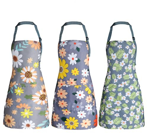 IHFAIO Förkläde för kvinnor med fickor, justerbara vattentäta blommiga kockförkläden för kök, trädgårdsarbete, matlagning, grill eller bakning, flerfärgad, L