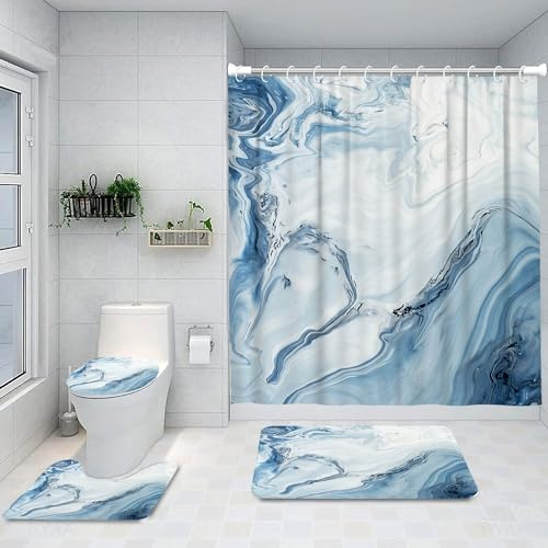 Ansouyi 4-teiliges Badezimmer-Duschvorhang-Set mit rutschfesten Teppichen, WC-Deckelbezug und Badematte, abstrakte Kunst, blaue Marmor-Textur, langlebig, wasserdicht, Duschvorhang für Badezimmer, Set