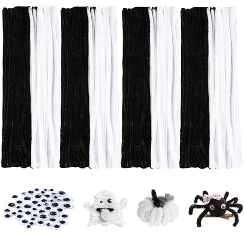 300 Stück Pfeifenreiniger zum Basteln, 200 Pfeifenputzer Schwarz und 100 Pfeifenreiniger Weiß, Chenilledraht mit 50 Selbstklebend Wackelaugen in 5 Größen für Halloween Handwerk Dekoration
