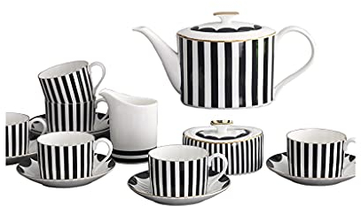 JKJZSALJ Teiera Stile Corte Set Tazza da caffè Bone China Nero Bianco Modello Verticale 6 Persone Servizio da caffè Servizio da tè Zuccheriera Crema Tazza Piattino Pomeriggio