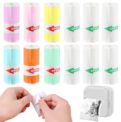 PIWOSGOL 12 Rollen Thermopapier Selbstklebend, 57 x 25 mm Thermal Pinter Papier, Mini Drucker Sticker, Thermopapier für Kinder Sofortbildkameras und Selbstklebender Bedruckbarer Aufkleber (7 Farben)