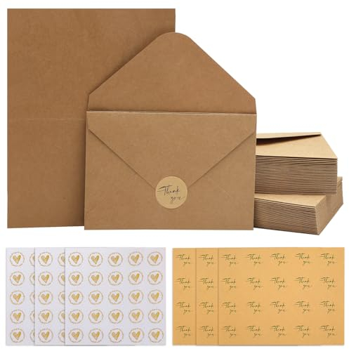 60 Klappkarten Blanko mit Umschlag, Kraftpapier Karten C6 Pocketfold für Hochzeit, Briefumschläge zum Basteln