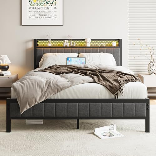 BORPHOM King Size Bed Frame with Storage Wooden Headboard,Charging Station,LED Lights,Metal Platform Upholstered Bed Frame King Size Bed Base with Strong Metal Slats,Mattress Base,Noise Free,Grey
