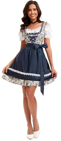 Velcoxplay Robe Dirndl pour femme midi Costume traditionnel pour femme Robe Dirndl avec dentelle Costume traditionnel incluant chemisier Dirndl et jupe 3 pièces pour Oktoberfest Carnaval, bleu, XL