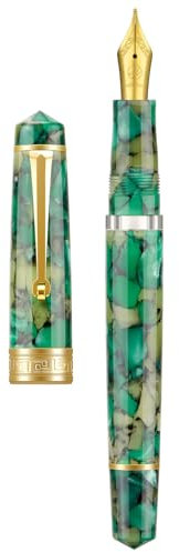 Asvine P20 Piston Fountain Pen Green Marble Acrylic, Fine Nib Gold Trim Smooth Writer Collection with Case Set