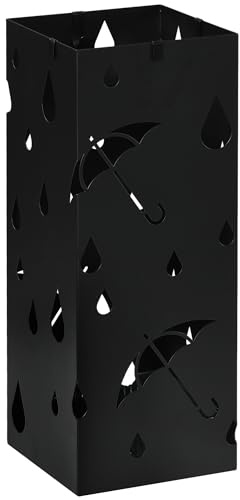 HOMCOM Paragüero de Acero 4 Ganchos Porta Paraguas 15,5x15,5x41 cm Negro | Bandeja de Goteo Extraíble, Diseño Tallado, Pasillo Entrada
