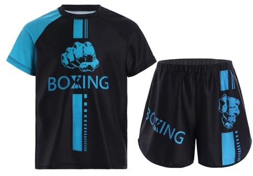 Oyolan Barn pojke boxningsshorts och T-shirt boxningsset Muay Thai MMA kickboxning 5–16 år, Ljusblå, 5-6 �r