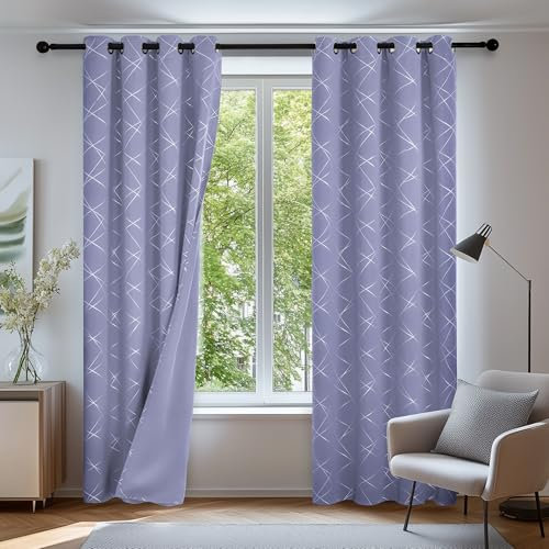 Deconovo Purple Curtains Eyelet Super Soft Silver Geometric Line Room Darkening Curtains 46 x 72 Inch Light Purple 2 Panels