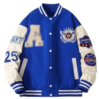 Oanviso Femmes Veste De Baseball Oversized Vintage Manteau Y2K 90S Imprimé College Jacket Veste Fille Casual Blouson Bomber Veste De Survêtement Pour Printemps B Bleu Foncé L