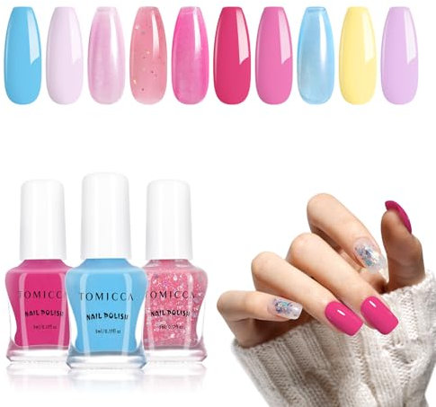 TOMICCA Set di 10 smalti per unghie, rosa neon, viola, blu, giallo, glitterato, sfoderabile a base d'acqua, per salone fai da te, regalo per manicure, salone, 10 x 5 ml
