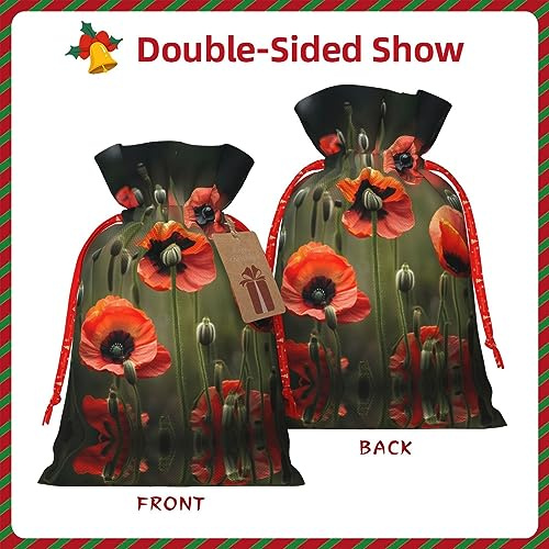HJLUUFT Jutebeutel mit Mohnblumen-Druck, Weihnachtsgeschenktüte mit Kordelzug und Geschenkanhänger, Hochzeit, Weihnachten, Partygeschenk