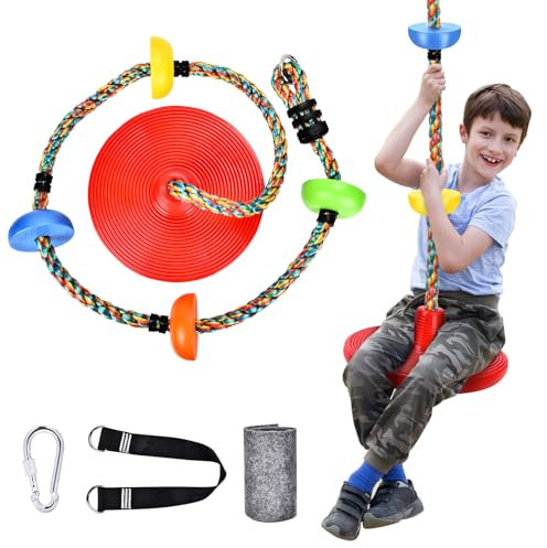Herefun Altalena da Giardino per Bambini, Altalena a Disco con Corda per Arrampicata e Piattaforma, Capacità di Carico Massima 200 kg, Diametro 30 CM, Altalena Bimbo con Altezza Regolabile