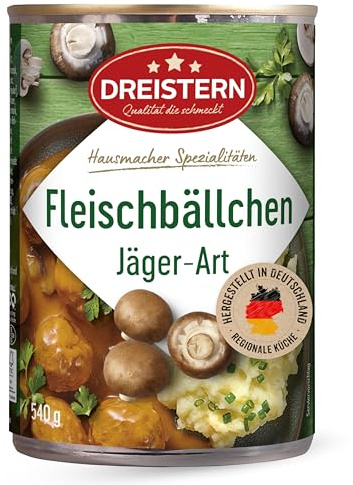 DREISTERN Fleischbällchen 540g I Mit Schweinefleisch & Champignons I Herzhafte Spezialität in recyclebarer Konservendose I Lange Haltbarkeit dank natürlicher Konservierung I Hausmacher Qualität