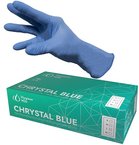 Hygiene VOS Nitril Einweghandschuhe Chrystal Blue – 10 Boxen à 100 Stück, Puderfrei & Latexfrei, Chemikalienbeständig & Durchstichfest, EN 455 & EN ISO 374, Größen S, M, L, XL (L)