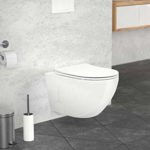 LuxeBath WC Cerámico Suspendido 52 cm sin Borde con Nanorecubrimiento, Inodoro Colgante Blanco Mate Largo, Asiento de WC Extraíble con Softclose en Duroplast, Bajada Automática, Descarga Profunda
