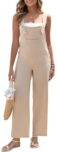 HOTIAN - Salopette lunga in lino per donna, elegante mono estivo, stile casual e ampio con grandi tasche, colore beige, taglia S, beige, XXL