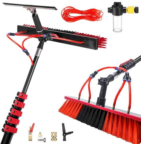 YFSMBD Perche Télescopique de Nettoyage, 3,6-10,8 m Toiture et Panneaux Solaires Brosse Telescopique Nettoyage avec Raclette & Distributeur, Barre de Lavage à Pulvérisation d'eau (35cm Brosse,10.8M)