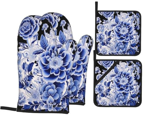Blau und Weiß Porzellan Küche Backset Ofenhandschuhe Hitzebeständig Wasserdicht Polyester Stoff Outdoor Grillhandschuhe Grillmatten 4-teiliges Set