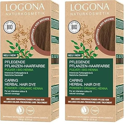 LOGONA Naturkosmetik Pflegende pflanzliche Haarfarbe, Veganes Haarfarbe-Pulver mit Bio-Henna für intensive Farbe und Glanz, Pflanzenhaarfarbe in Aschbraun (Braun), 1 x 100g (Packung mit 2)