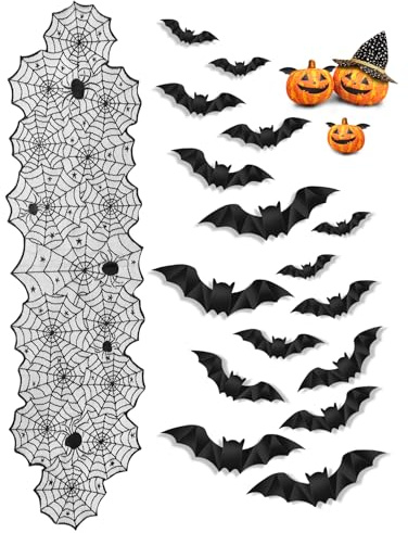 Haliya Halloween Tischläufer, Halloween Tischdecke Deko, 45x183cm, Spinnennetz Tischdeko, Horror Spinnenweben Deko mit Weihnachten Tischläufer Dekoration mit 16 Stück 3D Fledermaus Wandaufkleber