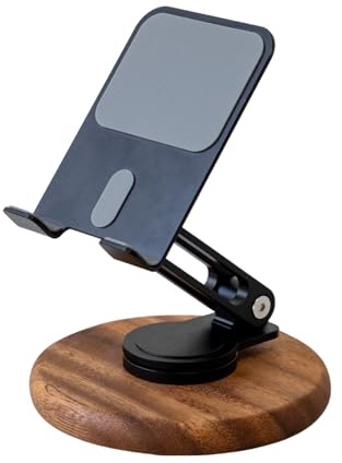 muso wood 360° Drehbarer Handyständer Höhenverstellbar Handy Ständer mit Sockel aus Akazien Holz Handyhalterung Tisch Klappbar Handyhalter Universal Handyständer Phone Stand - Schwarz