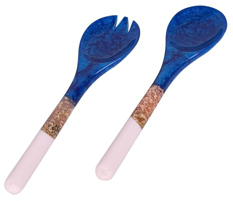 Divit Shilp Salad Servers - Resin Tongs with Long Handle for Mixing, Tossing and Cooking (Spoon and Fork Set) (Blue, Golden & White)