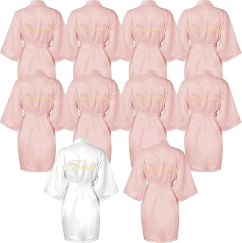 Xaztr 10 Stück Satin Morgenmäntel für Braut, Brautjungfern – 1 Weißer Braut Bademantel, 9 Rosa Brautjungfern Kimono Roben, Hochzeit, Junggesellinnenabschied, Bridal Shower