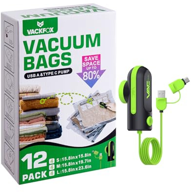VACKFOX 12 Pack Vacuum Bags for Travel with USB & TYPE C Pump,Compression Packing Cubes for Luggage,Carry-on Space Saver Vacuum Seal Bags&Vacuum Storage Bags for Vacation(Green)