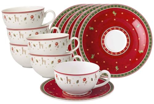 Villeroy & Boch Toy's Delight Specials Lot de 6 tasses à café au lait avec soucoupes, 300 ml, service à cappuccino de Noël pour 6 personnes, en porcelaine de qualité supérieure, rouge/blanc