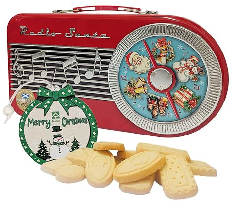 Musical Radio Shortbread Biscuit Tin - Retro Style Santa Radio Tin Filled with Scottish Shortbread Cookies 200g & Topline Christmas Ornament. Biscuits Gift Set for Christmas Stocking Fillers