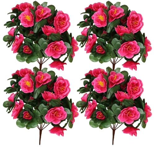 Joygoodta 4 Stück künstliche Blumen, 33 cm große künstliche Azaleen, UV-beständige Seidenblumensträucher für Garten, Veranda, Fenster, hängende Pflanzgefäß-Dekorationen