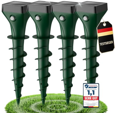 Maulwurf Vertreiber 4er Pack, Solar Maulwurfschreck mit Ultraschall & KI-Wechselfrequenz, Effektive Wühlmausabwehr gegen Maulwürfe und Wühlmäuse, IP65 Wasserdicht für Garten und Außenbereich