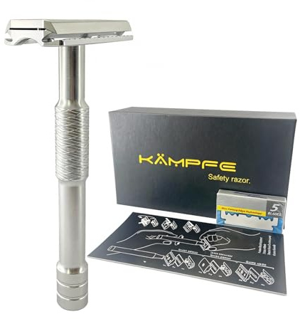 KAMPFE Shaving Razor CNC Aluminum Double Edge Safety Razor Contains 5 Blades.Perfect Fixed Shaving Angle With Superior Blade Rigdity.Mild Type Reusable Single Blade Razors for Men and Women (silvery1)