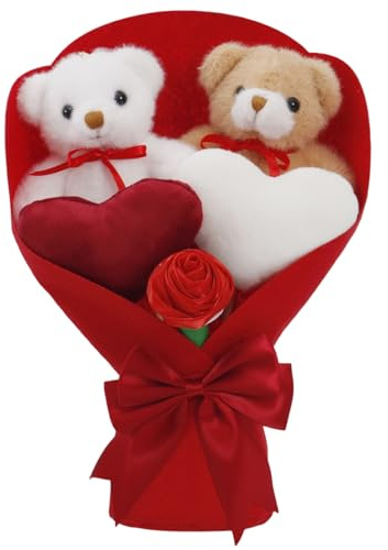 Ferricult Ramo de Flores de Felpa, Flores de San Valentín con Mini Osito de Peluche Suave y arreglo Floral para decoración del hogar, Aniversario, cumpleaños (12 Pulgadas), Felpa