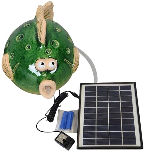 Storm's Gartenzaubereien Wasserspeier Fisch grün aus Keramik mit Akku-Solarpumpe