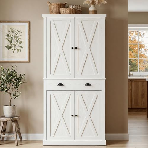 IRONCK Tall Kitchen Pantry Cupboard, 184.5cm Freestanding Storage Cabinet with Barn Doors, Drawer, 3 Adjustable Shelves for Dining Living Room, White