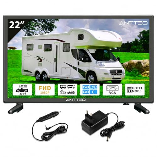 Antteq AE22F5C-T21 2K LED Fernseher 22 Zoll Camping TV mit 12V KFZ-Adapter | Triple Tuner DVB-C/T2/S2, Hotel Modus, Dolby Audio, VGA, HDMI, USB, SCART & CI+, für Wohnmobil, Camping, LKW, Modelljahr 2026