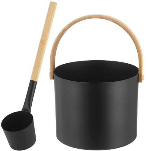 Sauna-Eimer und Schöpflöffel-Set, 4 l, großes Fassungsvermögen, robuster schwarzer Aluminium-Wassereimer mit langer Holzkelle, Sauna-Zubehör für Zuhause, Badezimmer, Spa, 2-teilig