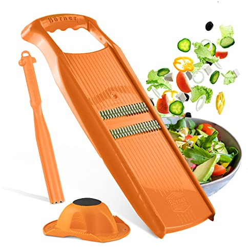 Börner Roko PowerLine Affettaverdure Set Regalo (3 pezzi) • Tagliaverdure a strisce sottili per frutta e verdura + portaverdure e pelapatate • Set Mandolina (Arancione)